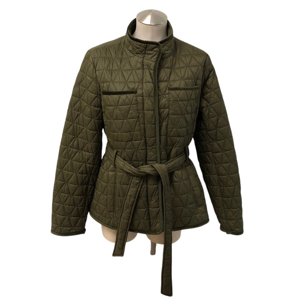Halogen Quilted Jacket Womens XL Olive Green Belted Velvet Trim Zip Gorpcore